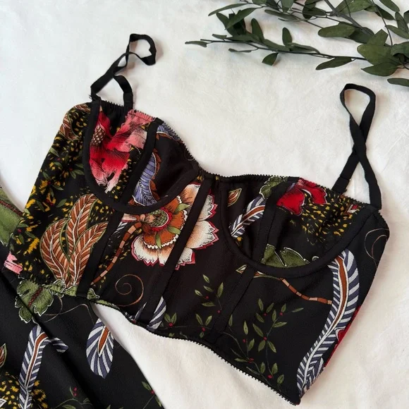 Katie May Hibiscus Black Red Floral Flower Maxi Skirt & Corset Crop Tank Top Set